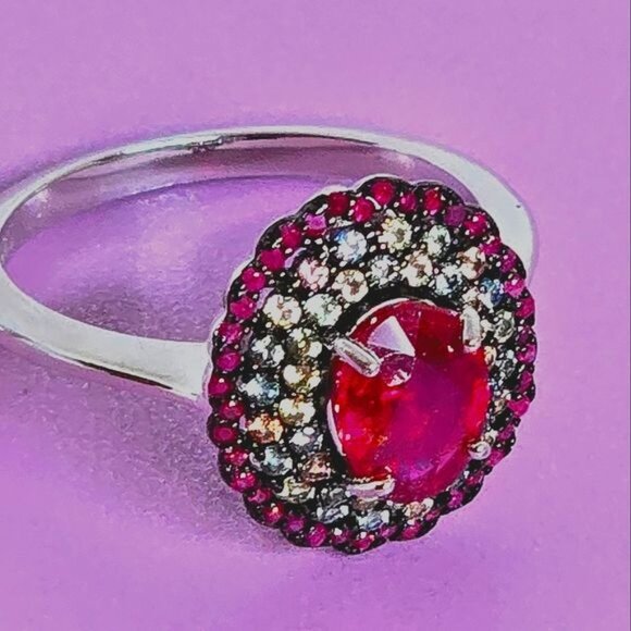 925 Sterling Silver Ring Sz 7.75 with Natural Oval Ruby & Myanmar Sapphire - Picture 11 of 12